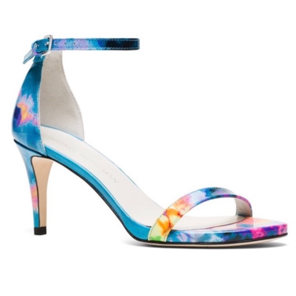Stuart Weitzman NuNaked Surf Blue Paintball Patent Leather Heeled Sandals Size 8